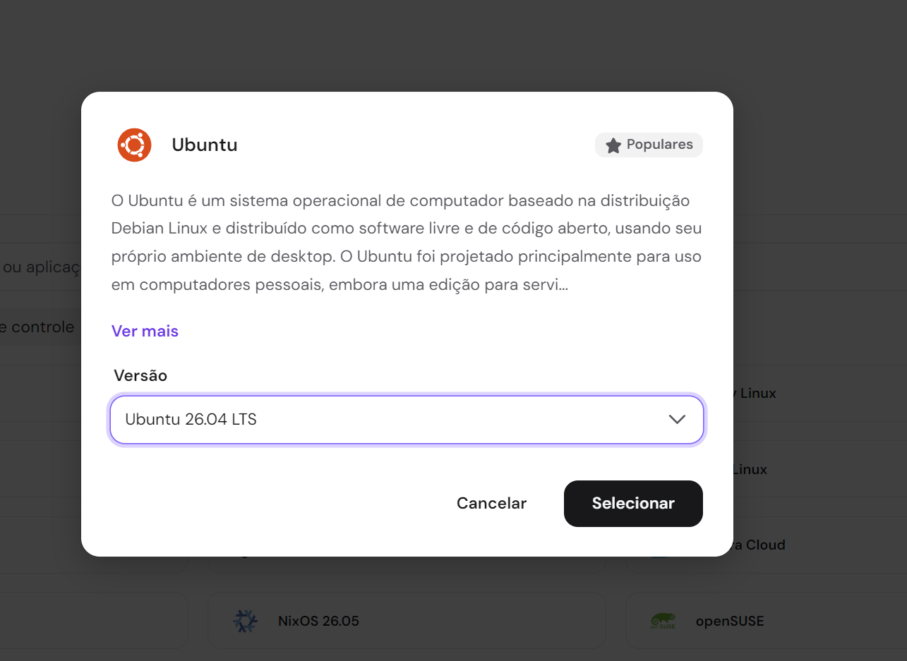 Tela da Hostinger com o Ubuntu 26.04 LTS selecionado no campo Versão